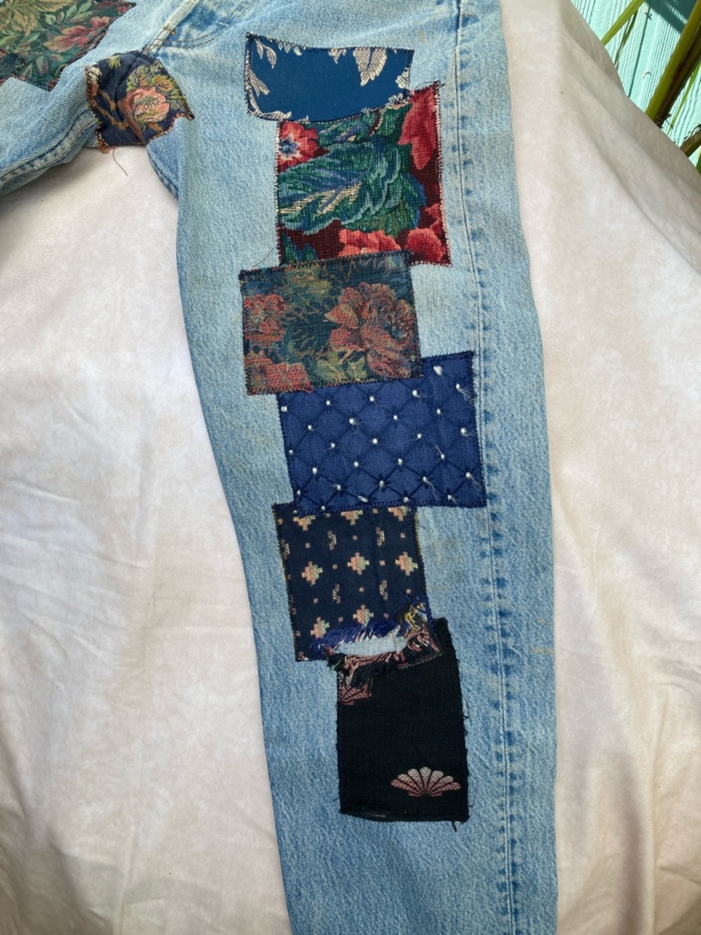 Levi's Light Wash Straight Leg Jeans with Multicolor Patchwork. Vintage 80’s - Picture 4 of 12